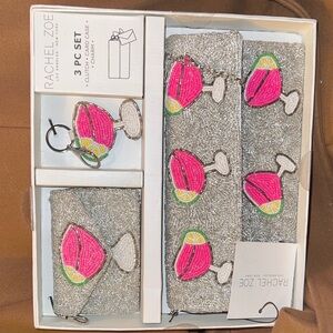 Rachel Zoe Silver and Pink Beaded Key & Card Holder Set